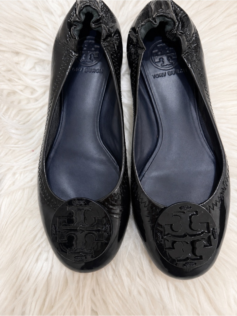 Tory Burch Black Patent Logo Round-Toe Ballet Flats